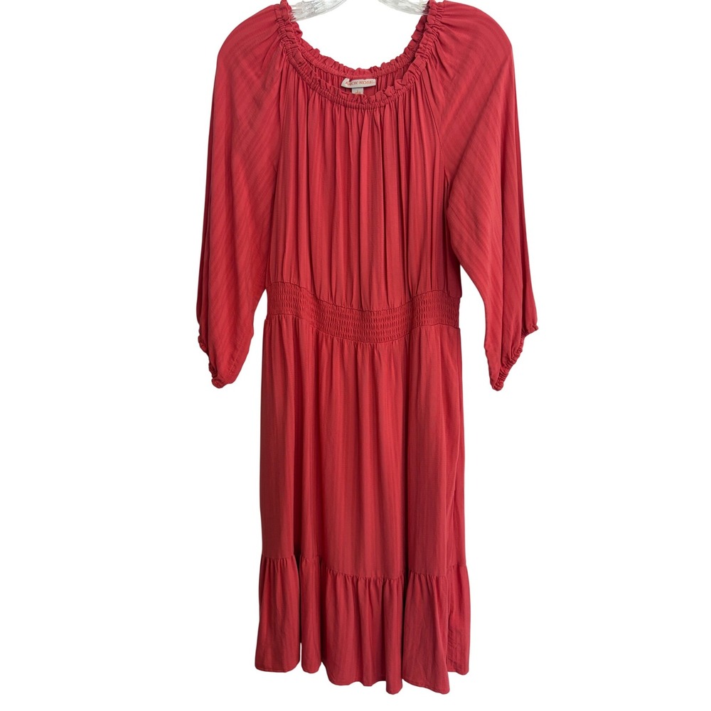 Knox Rose Coral Pink Boho Tiered Midi‎ Dress Smocked Waist Sz Small Peasant